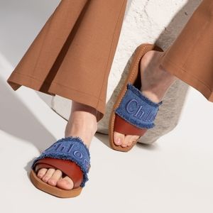 Chloé Woody Logo Denim & Leather Slide size 39